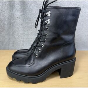 J Crew Refined Leather Apron Toe Lace up Lug 3" Heel Combat Boot Womens Size 7.5